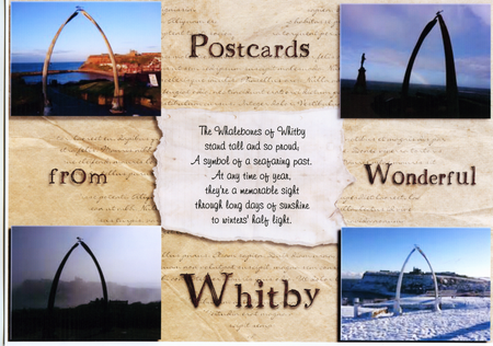 A postcard showing the Whalebone Arch at Whitby over the seasons