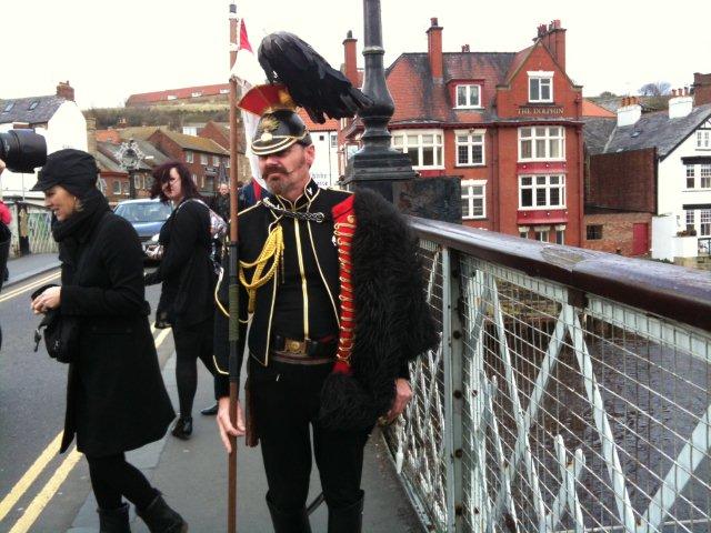 Photo of a Gothic soldier on the old Swing Bridge, Whitby