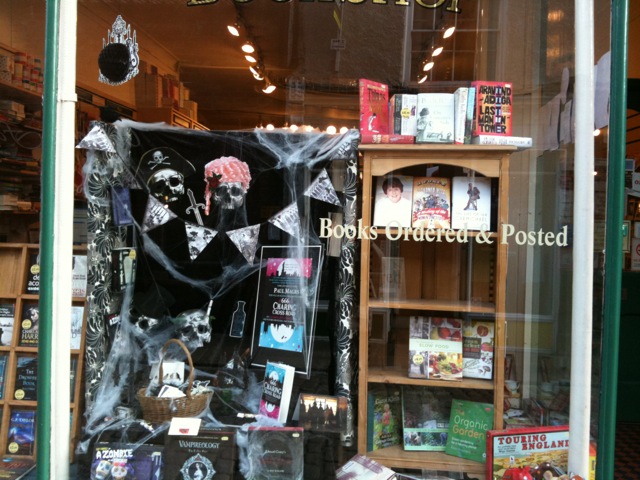 A shop window with a spooky theme